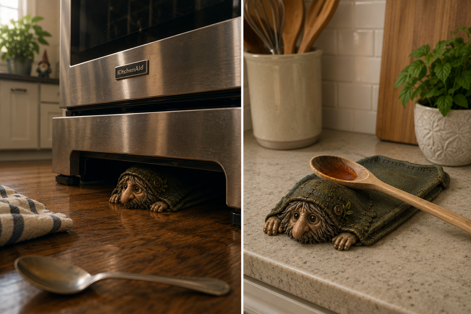 A Garden Avalon figurine tucked into a real kitchen — used as a spoon rest under a stove